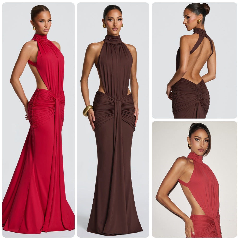Damer Elegant Maxi Kjole med Stilig Halter Design og Sofistikert Draperingselement Skjora