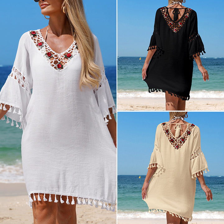 Damen Häkel-Strandkleid mit eleganter Stickerei und Fransen Skjora