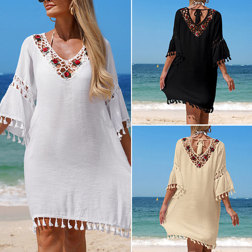 Damen Häkel-Strandkleid mit eleganter Stickerei und Fransen Skjora