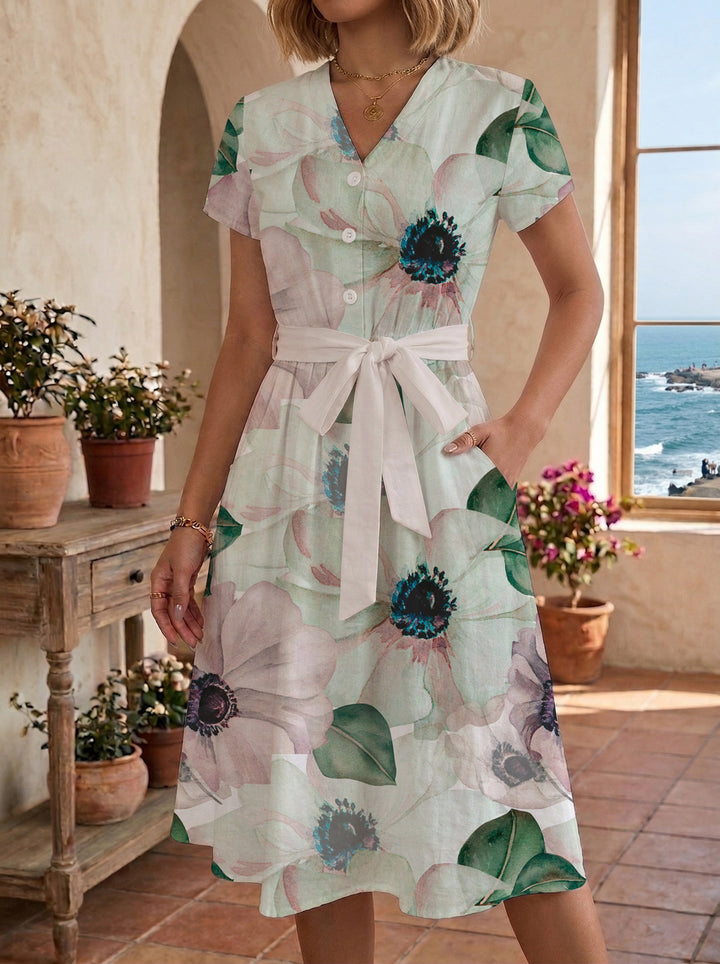 Damen Midikleid mit floralem Muster und Taillengürtel Skjora