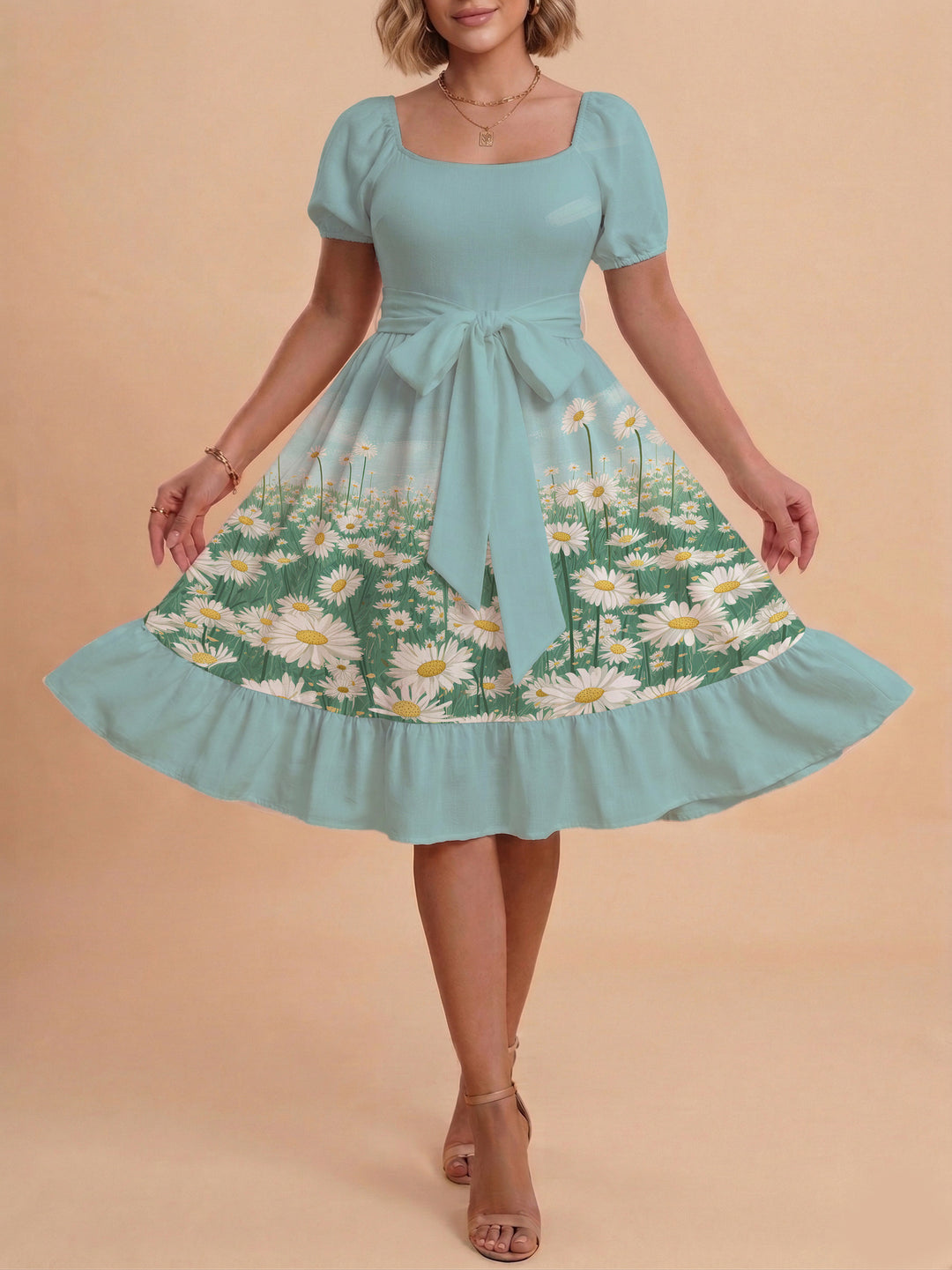 Damen Sommerliches Blumenkleid mit taillierbarem Gürtel und voluminösen Ärmeln Skjora
