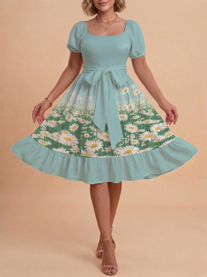 Damen Sommerliches Blumenkleid mit taillierbarem Gürtel und voluminösen Ärmeln Skjora