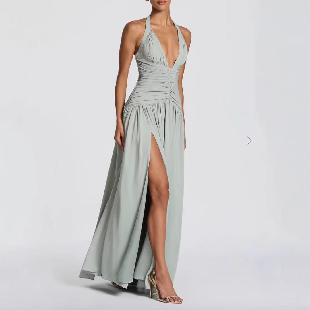 Dame Elegant Maxi Kjole med Innvikningsdesign og V-hals