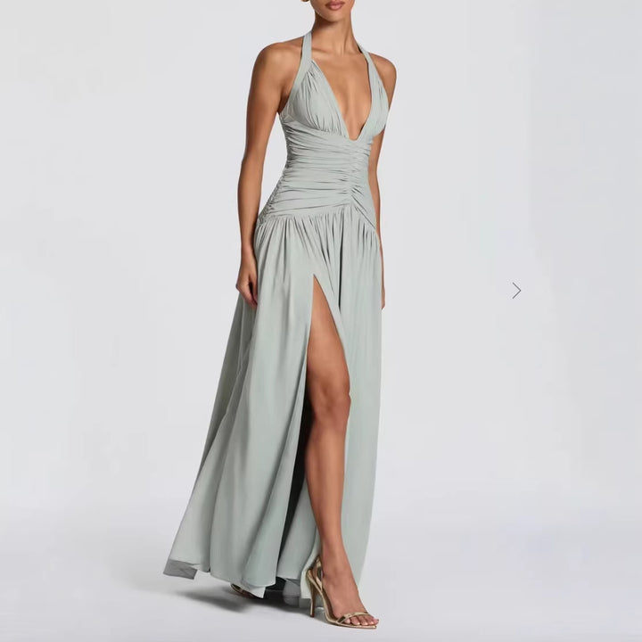Dame Elegant Maxi Kjole med Innvikningsdesign og V-hals