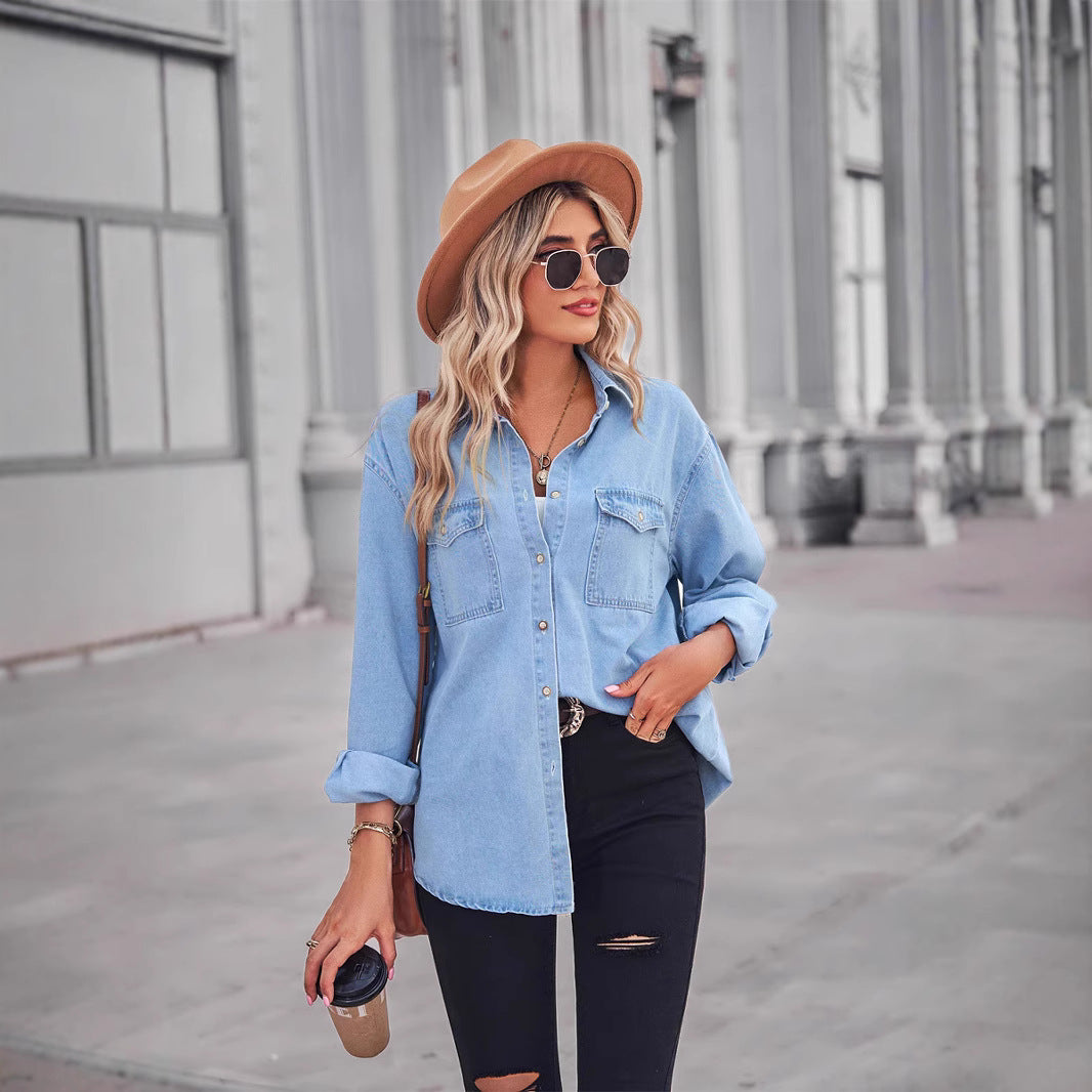 Kvinne Casual Denim Skjorte Bluse med Brystlommer Skjora