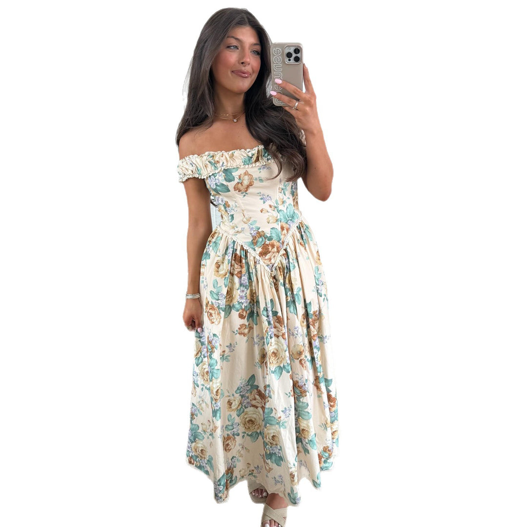 Kvinner Off-Shoulder Maxi Kjole med Blomsterdetaljer og Samlet Top