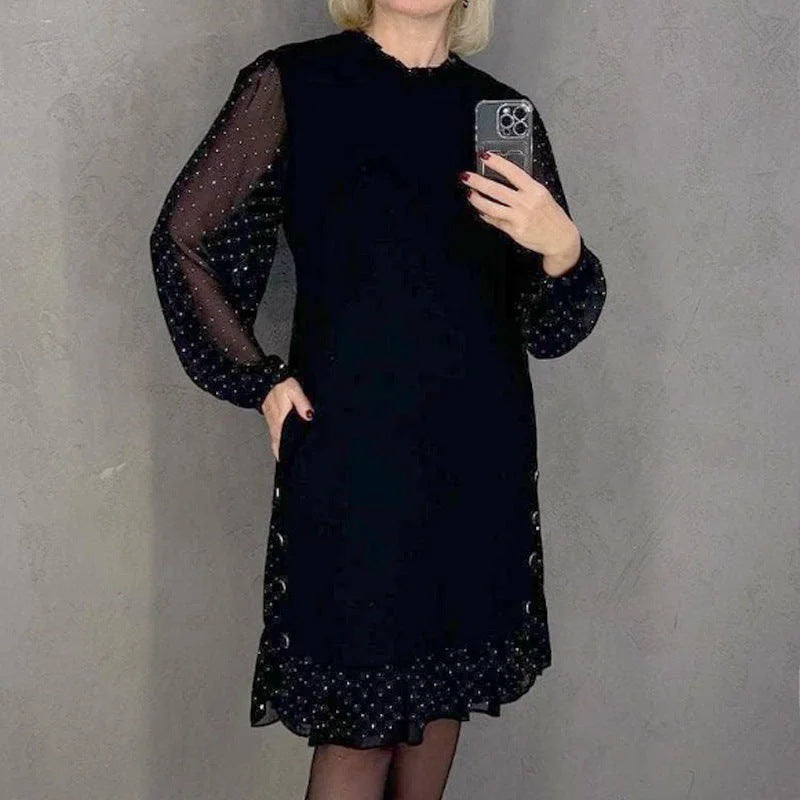 Kvinners Elegante Kjole med Voluminøse Ermer og Utsnitt Kant Skjora