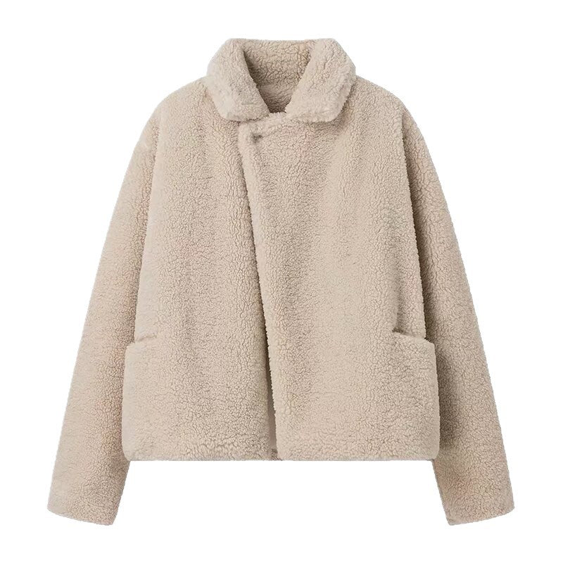 Dame Cozy Plush Jakke med Revers Krage og Lommer