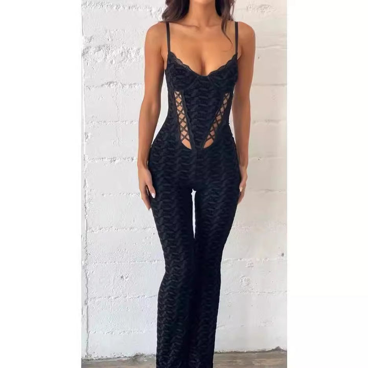 Damer Elegant Jumpsuit med raffinerte U-utskjæringer og blonderpynt Skjora