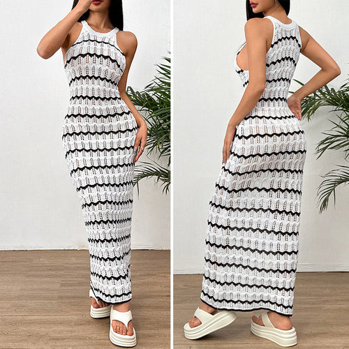 Damen Häkel-Maxikleid mit geometrischem Muster und enganliegendem Schnitt Skjora