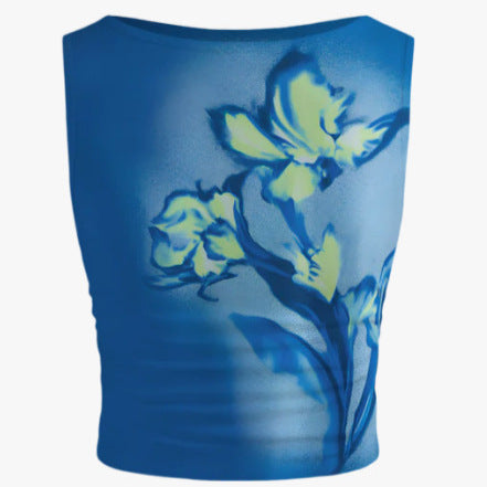Dame ermeløs Crop-Top med blomstermotiv og tettsittende snitt Skjora
