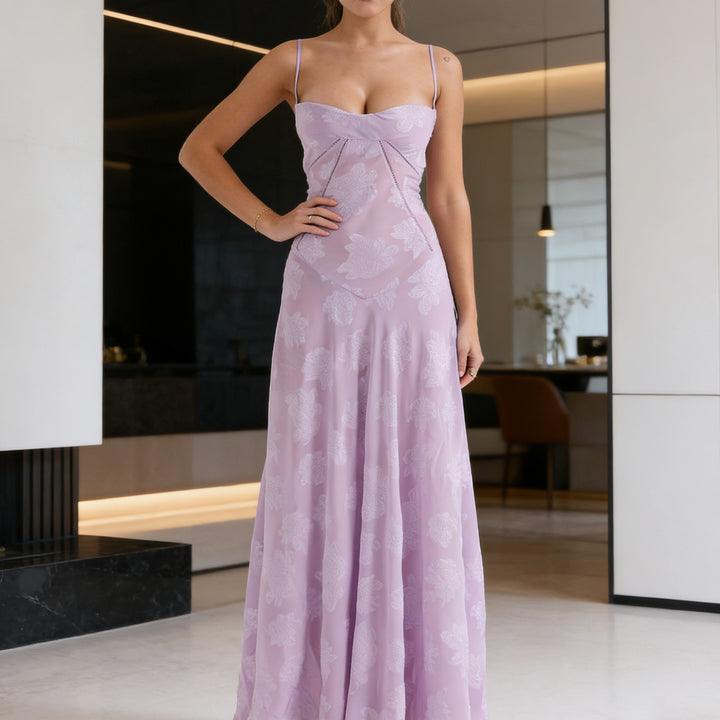 Women's elegant evening gown with floral print bodice and delicate spaghetti straps Skjora