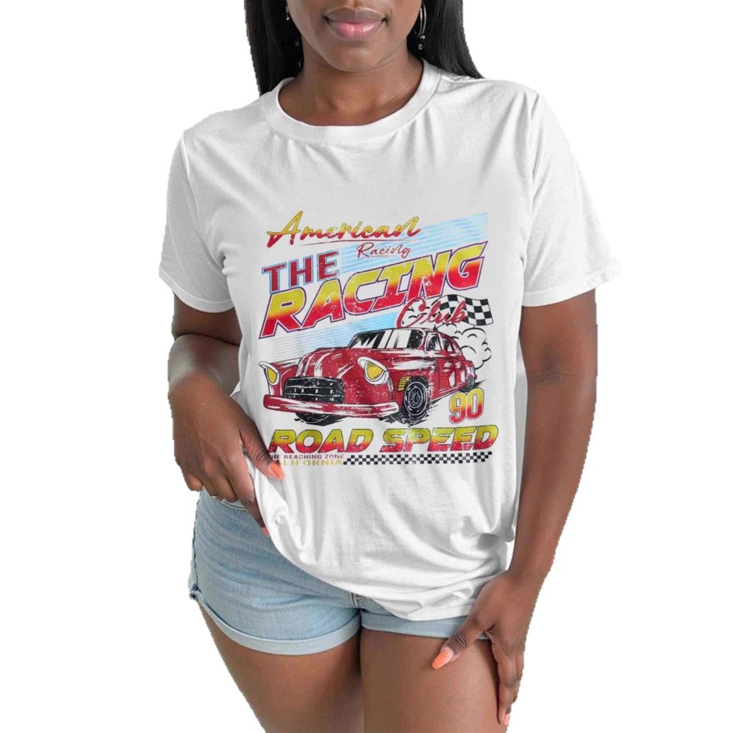 Dame T-skjorte med kunstnerisk retro racing-motiv og behagelig passform Skjora