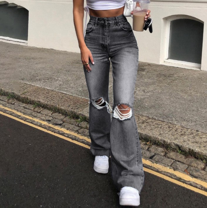 Dame Vintage Bell jeans med mote rift detaljer og høy midje Skjora