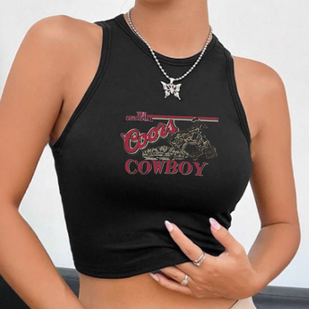 Dame Crop-top med Vintage Cowboy-motiv Skjora