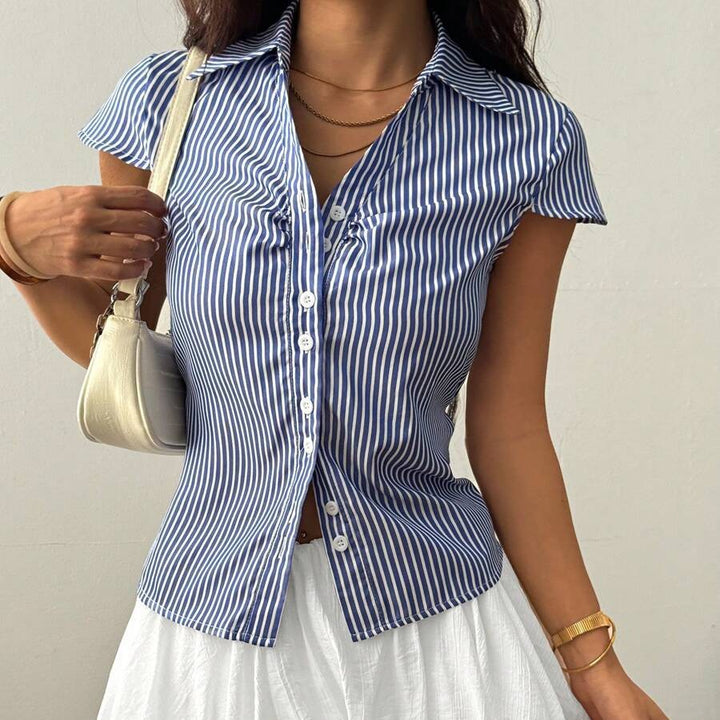 Dame Kortermet Skjorte Bluse med moderne Striper Skjora