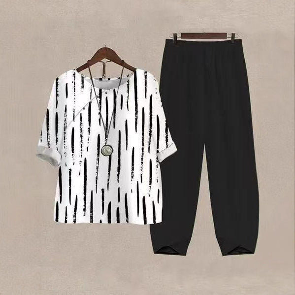 Dame Casual Fritids Sett med Kreativ Stripete Topp og Komfortable Bukser Skjora