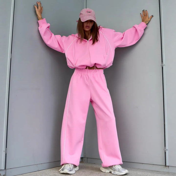 Kvinne Casual Fleece Joggedrakt Sett med Høy Krage og Løse Bukser Skjora