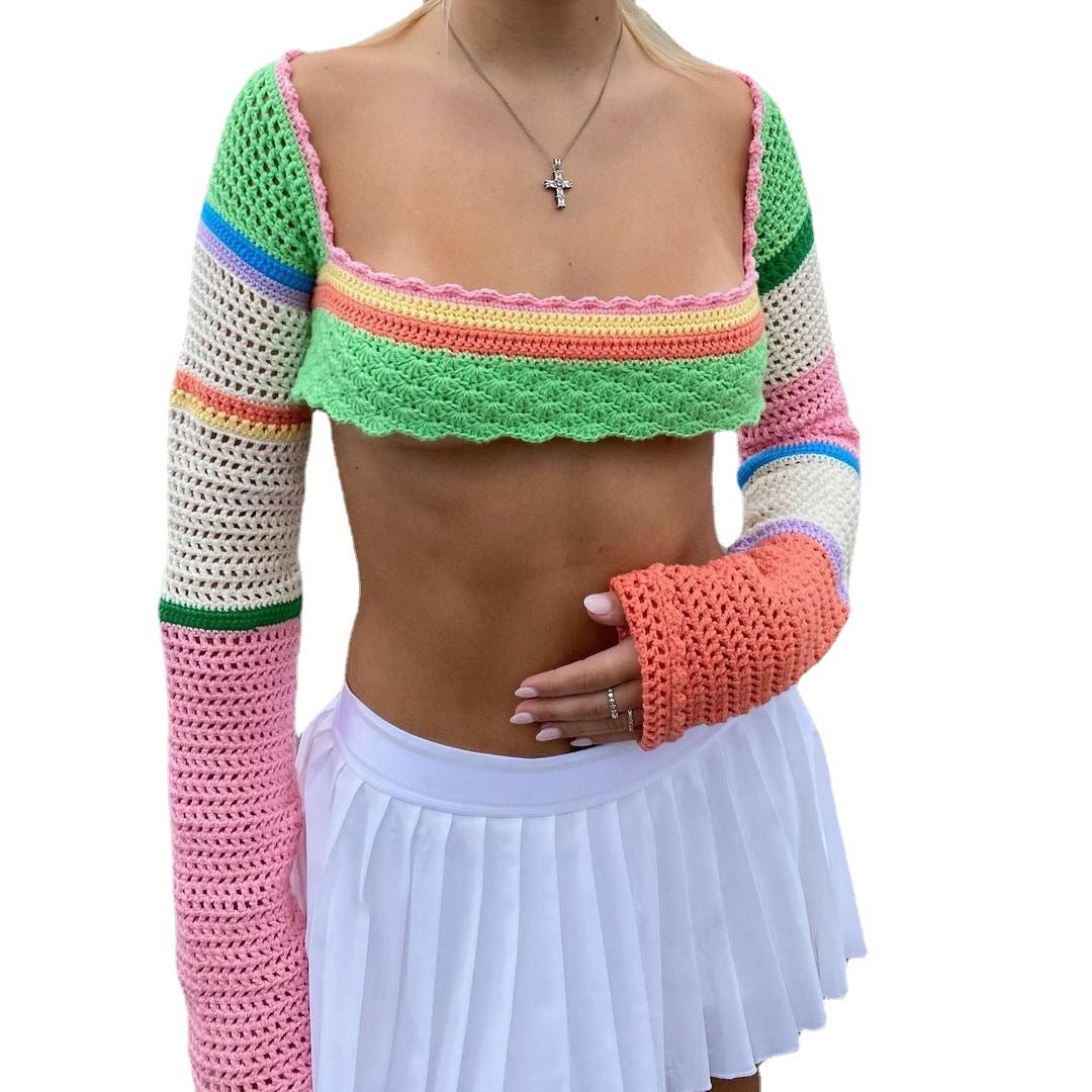 Damer heklede crop-top med lange ermer og fargerike striper Skjora