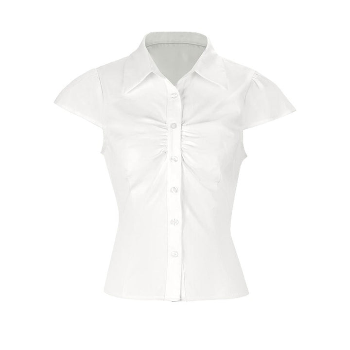 Dame elegant bluse med rynker og stilig krage Skjora