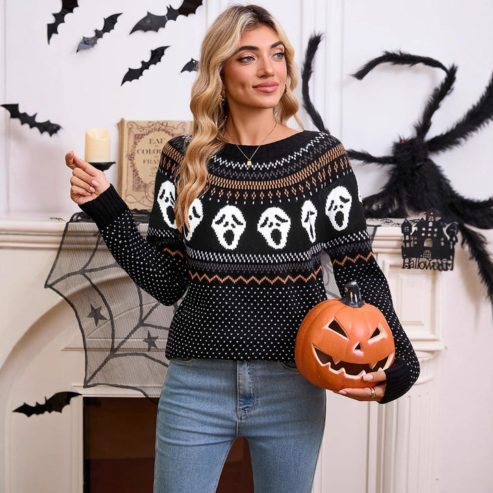 Kvinne Mønstret Strikkegenser med Halloween Motiv Skjora