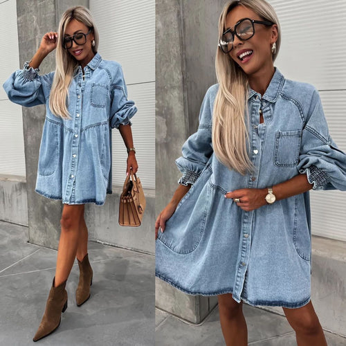 Kvinnenes denim skjortekjole med voluminøse ermer Skjora
