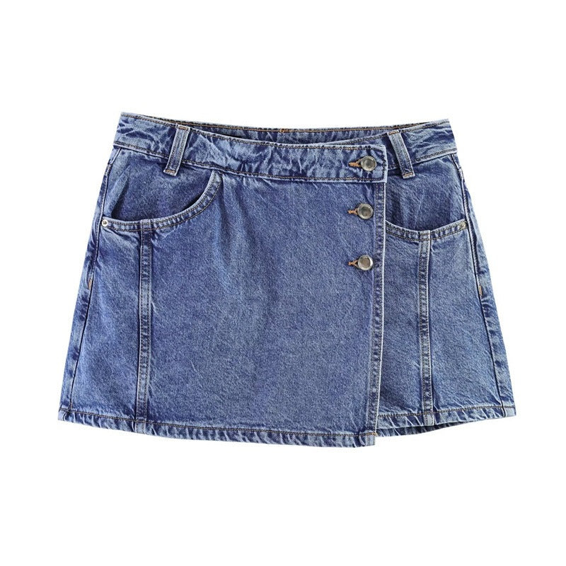 Damer denim-miniskjørt i asymmetrisk snitt med dekorative knapper Skjora