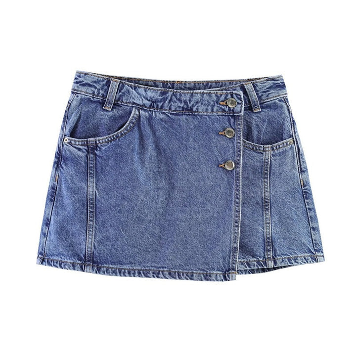 Damer denim-miniskjørt i asymmetrisk snitt med dekorative knapper Skjora