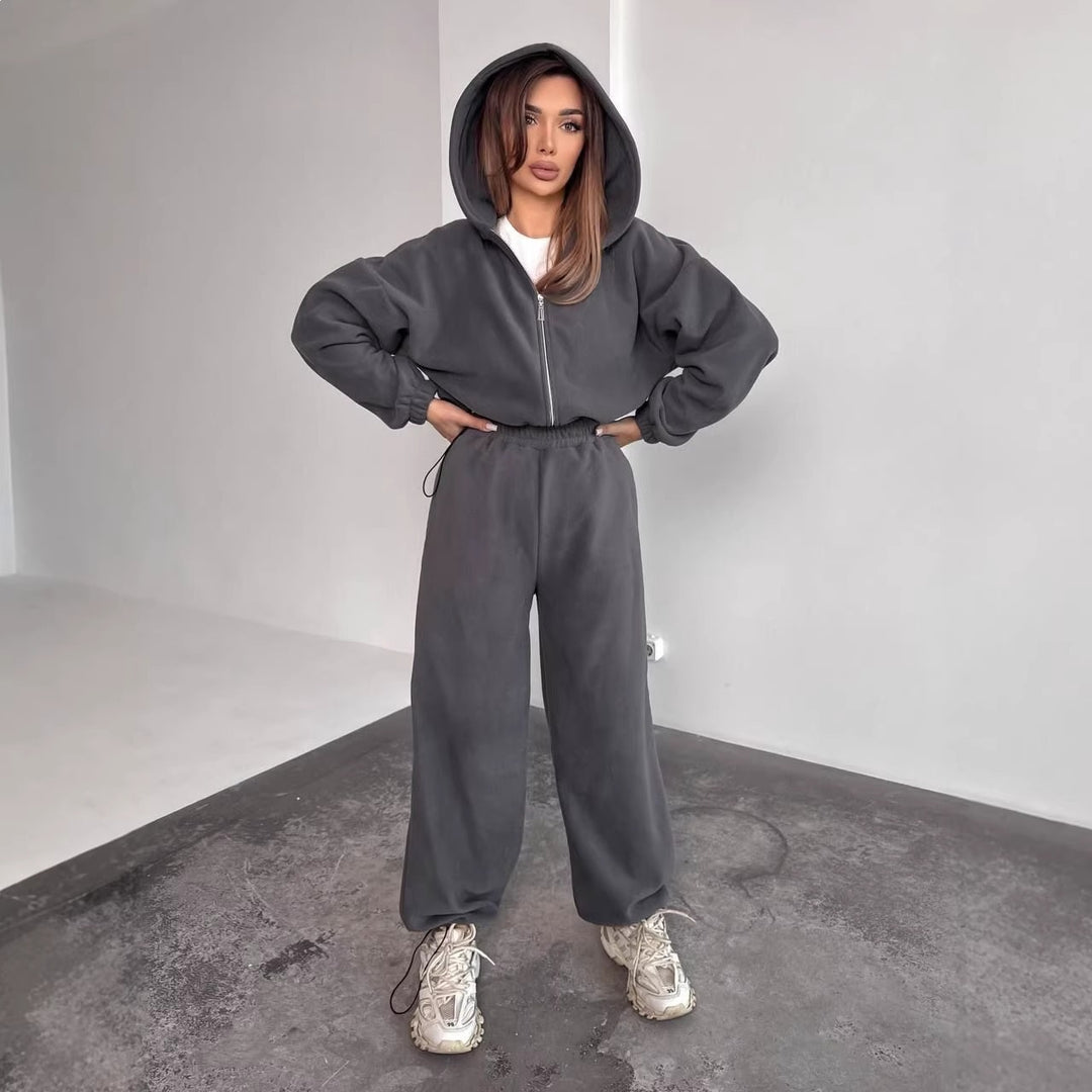 Dame Fleece Hoodie og Avslappede Joggebukser Sett