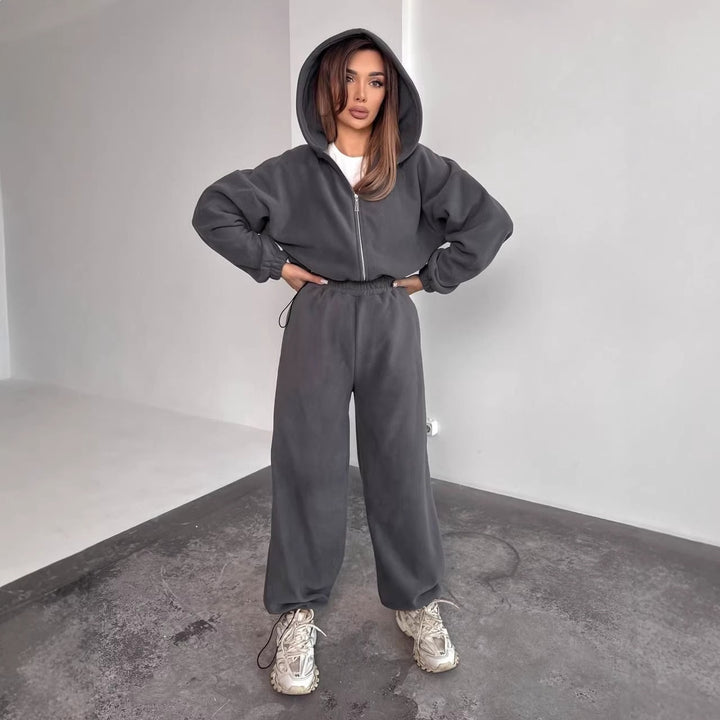 Dame Fleece Hoodie og Avslappede Joggebukser Sett