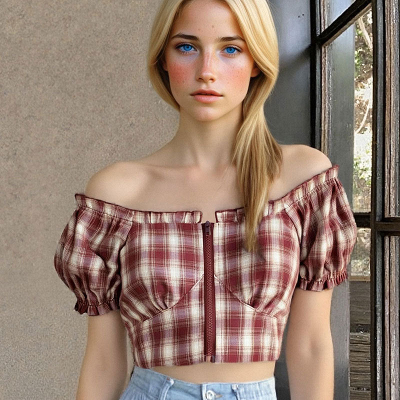 Damene Cropped Bluse med puffermer og glidelås Skjora