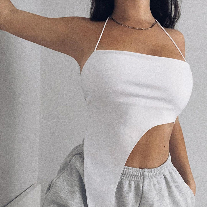 Dame asymmetrisk Crop-Top med fin ribbestruktur og dyp utringning Skjora