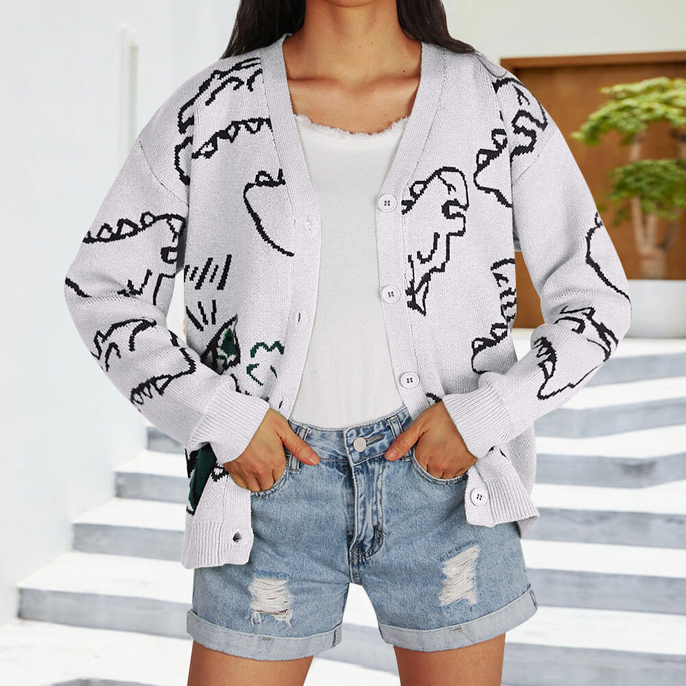 Kvinnens mønstrede cardigan med morsomt dinosaurmotiv Skjora