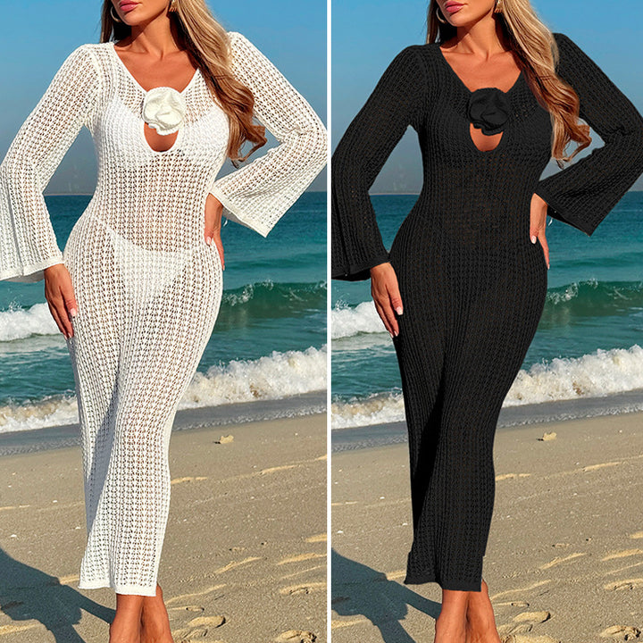 Damen Häkel-Strandkleid mit V-Ausschnitt und Blütenapplikation Skjora