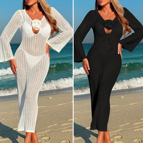 Damen Häkel-Strandkleid mit V-Ausschnitt und Blütenapplikation Skjora