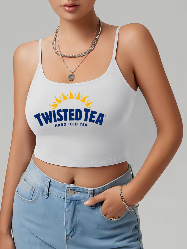 Dame Crop-Top med kreativ tekst og fine stropper Skjora