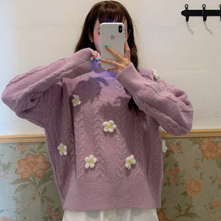 Damer Fashionable Chunky Knit Genser med Blomsterapplikasjoner Skjora