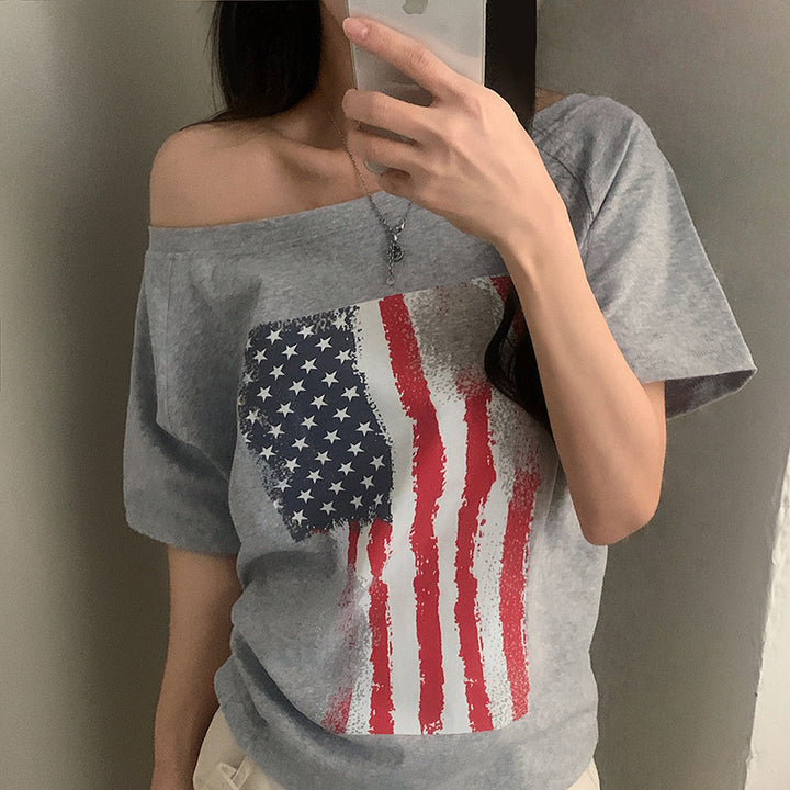 Dame casual T-skjorte med amerikansk flaggdesign og mykt bomullsmateriale Skjora