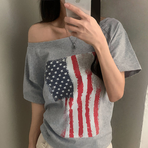 Dame casual T-skjorte med amerikansk flaggdesign og mykt bomullsmateriale Skjora