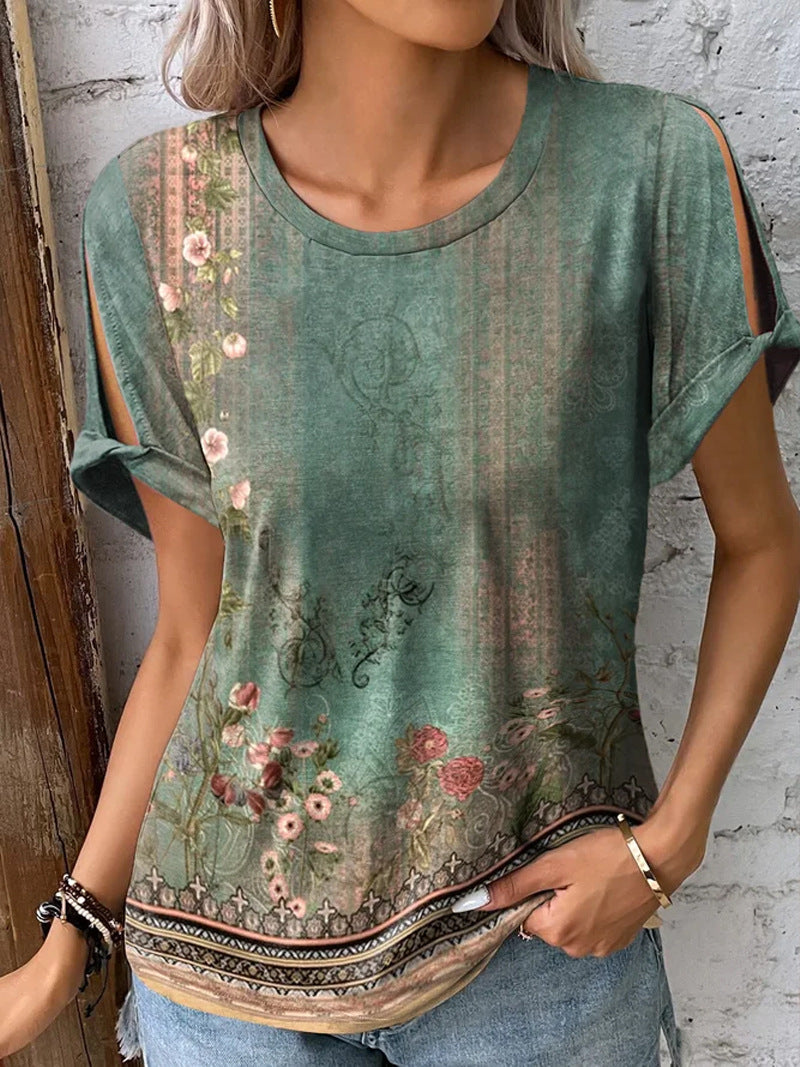 Dame floral oversized T-shirt med cut-out ermer Skjora
