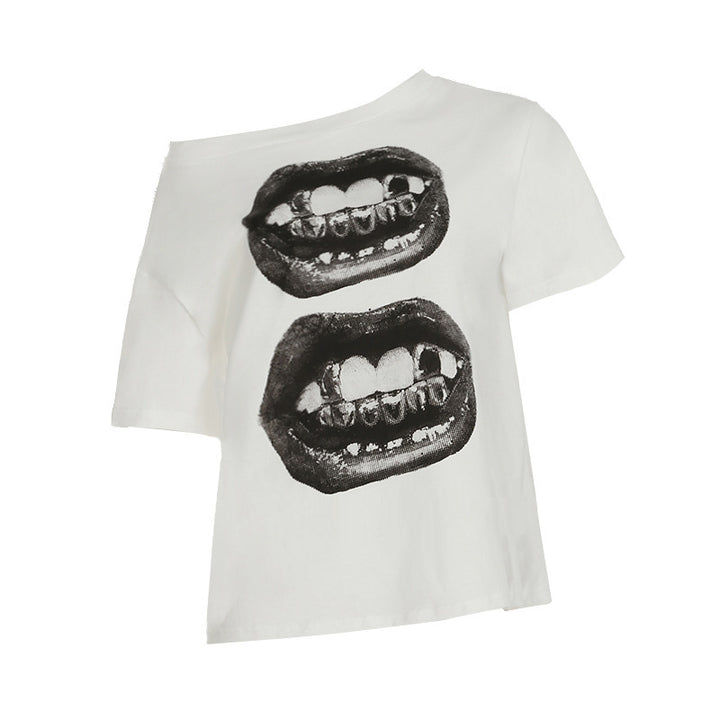 Dame casual T-skjorte med glitrende krossdesign og romslig U-hals Skjora