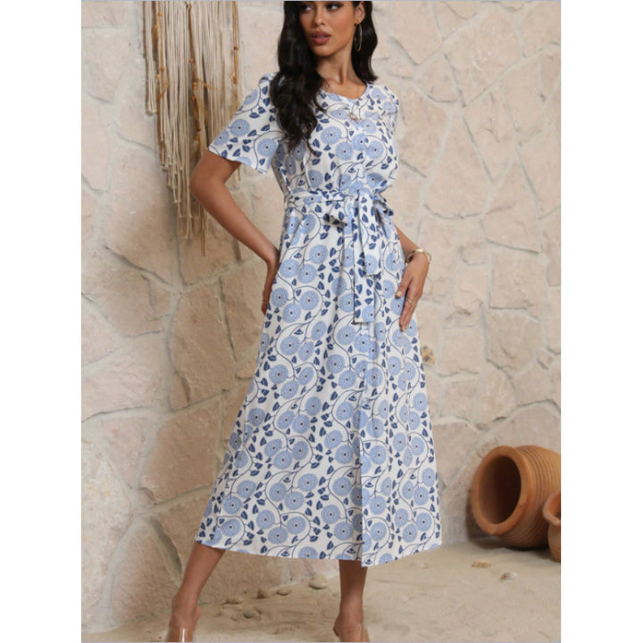 Women's Long-Sleeve Maxi Dress with Floral Design and Elegant Tie Belt Skjora