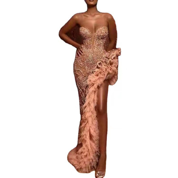 Kvinner Figur-somkjole Kveldsdrakt med Glitrende Perler og Volangdetaljer