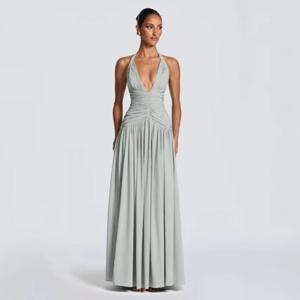 Dame Elegant Maxi Kjole med Innvikningsdesign og V-hals