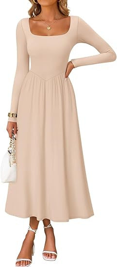 Women's elegant midi dress with square neckline and long sleeves Skjora