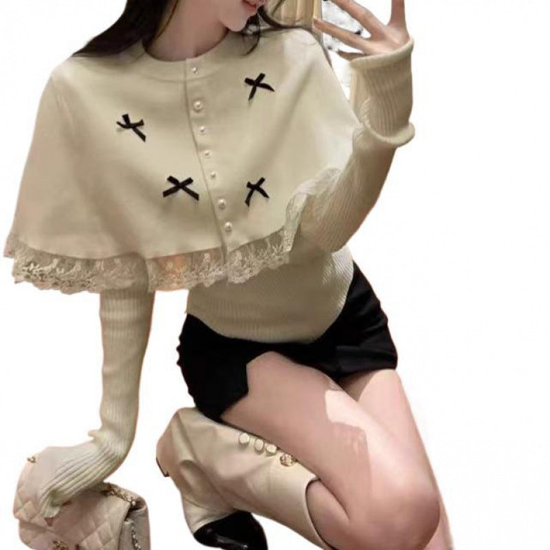 Kvinnes Elegant Strikk Bluse med Blonder og Dekorative Knapper Skjora