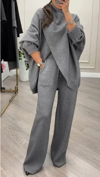 Kvinnelig Cozy Knit Ensemble med Oversized Genser og Vide Bukser Skjora
