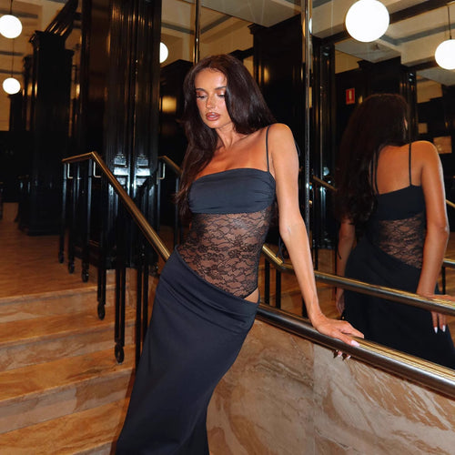 Dame elegant omslag maxikjole med transparente innsatser og fine detaljer Skjora