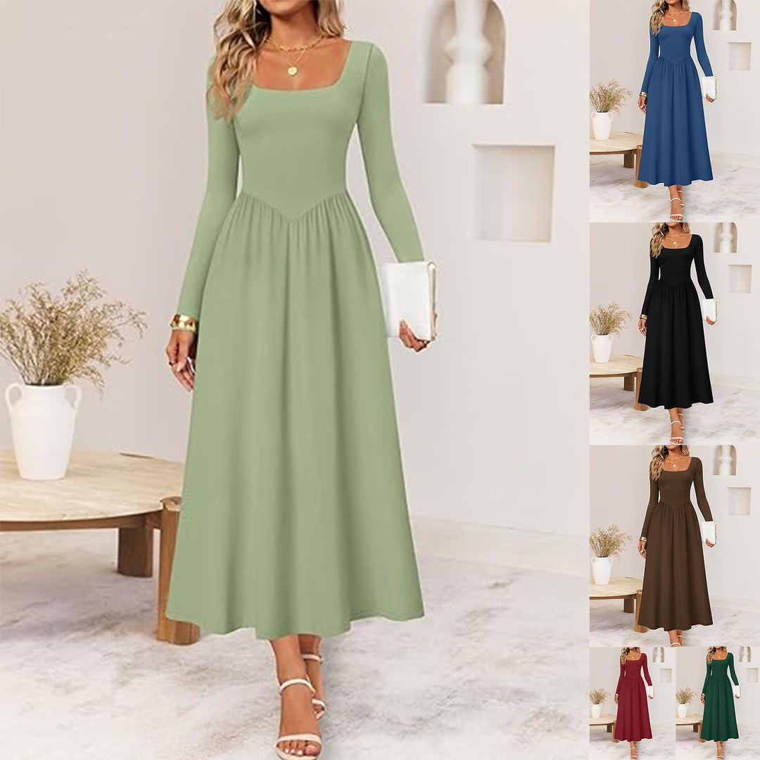 Women's elegant midi dress with square neckline and long sleeves Skjora