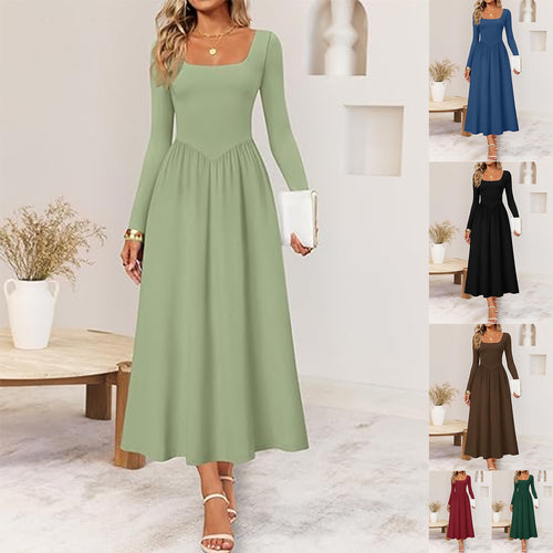 Women's elegant midi dress with square neckline and long sleeves Skjora